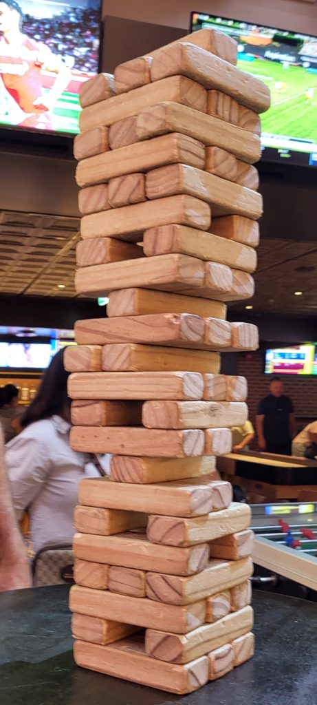 Our giant jenga creation, mid-game.