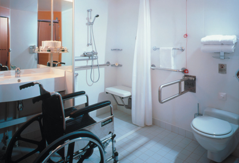 A photo of a wheelchair accessible bathroom on a Celebrity Cruise ship.