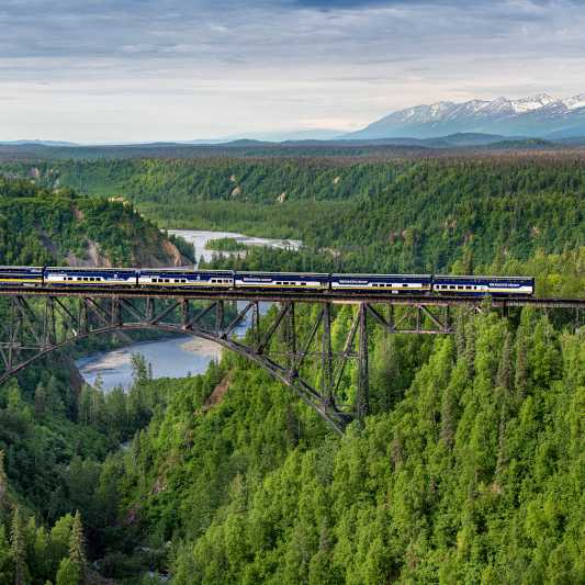 A train taking passengers from the cruise ship to the wilderness of Alaska on cruiseobsessed.com.